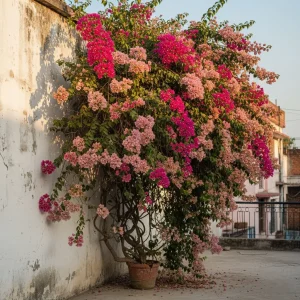 Vibrant Multi Color Bougainvillea Plant in a pot, displaying pink, salmon, and white blooms against a white terrace wall